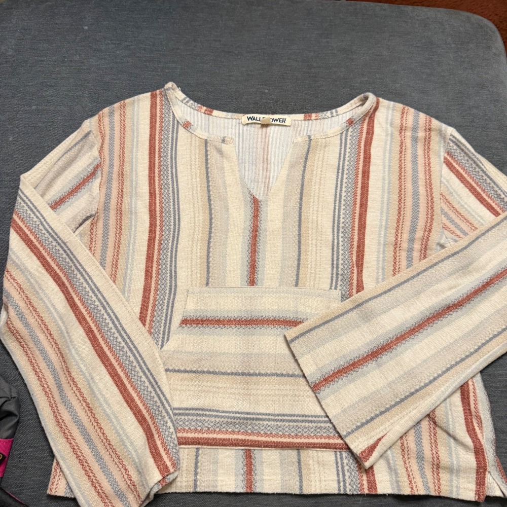 WallFlower Womens Medium Baja Stripe Pullover Long Sleeve Split Neck Top Cream